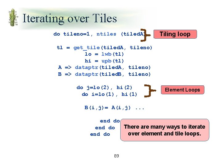 Iterating over Tiles do tileno=1, ntiles (tiled. A) Tiling loop tl = get_tile(tiled. A,