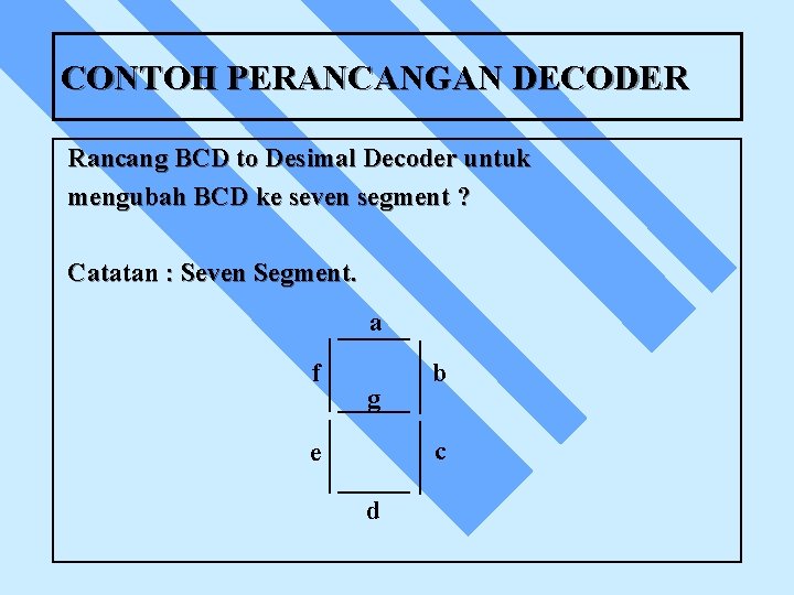 CONTOH PERANCANGAN DECODER Rancang BCD to Desimal Decoder untuk mengubah BCD ke seven segment