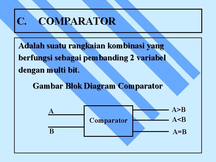 C. COMPARATOR Adalah suatu rangkaian kombinasi yang berfungsi sebagai pembanding 2 variabel dengan multi