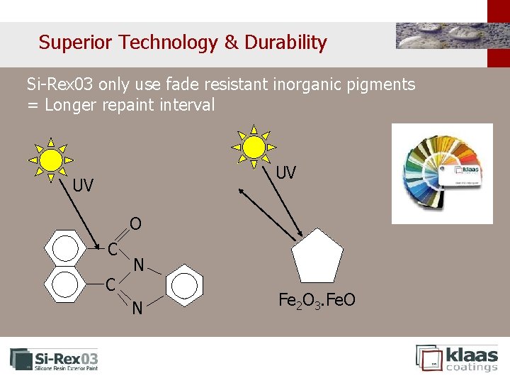 Superior Technology & Durability Si-Rex 03 only use fade resistant inorganic pigments = Longer Superior Technology & Durability Si-Rex 03 only use fade resistant inorganic pigments = Longer