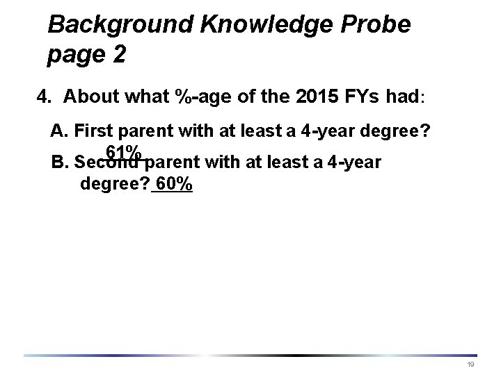Background Knowledge Probe page 2 4. About what %-age of the 2015 FYs had: