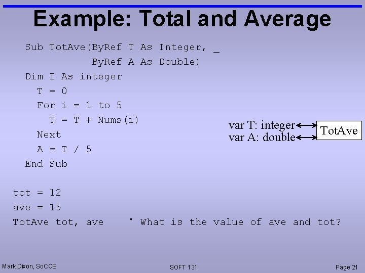 Example: Total and Average Sub Tot. Ave(By. Ref T As Integer, _ By. Ref