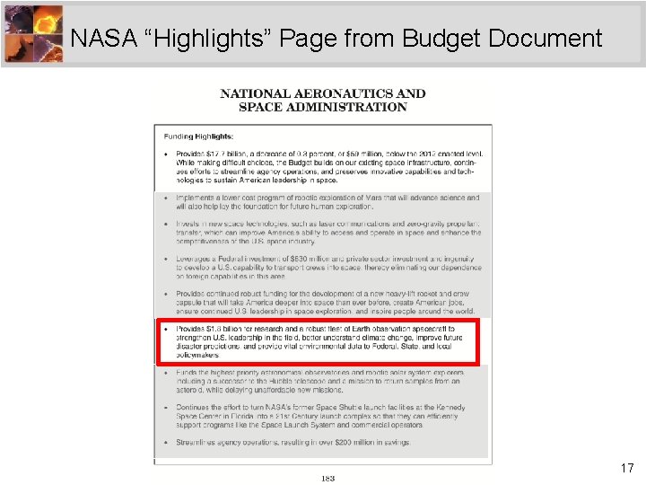 NASA “Highlights” Page from Budget Document DRAFT – FOR INTERNAL NASA USE ONLY 17