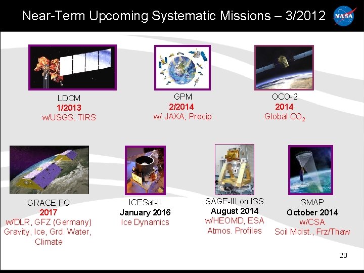 Near-Term Upcoming Systematic Missions – 3/2012 LDCM 1/2013 w/USGS; TIRS GRACE-FO 2017 w/DLR, GFZ