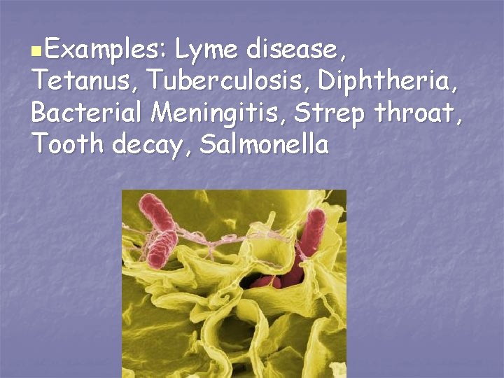 n. Examples: Lyme disease, Tetanus, Tuberculosis, Diphtheria, Bacterial Meningitis, Strep throat, Tooth decay, Salmonella