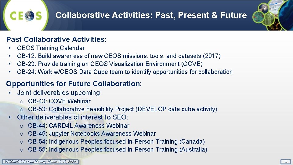 Collaborative Activities: Past, Present & Future Past Collaborative Activities: • • CEOS Training Calendar