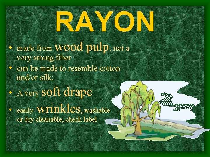 RAYON • made from wood pulp; not a very strong fiber • can be