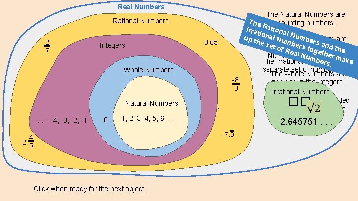 Real Numbers Rational Numbers 2 7 8. 65 Integers. . . -7 15 .