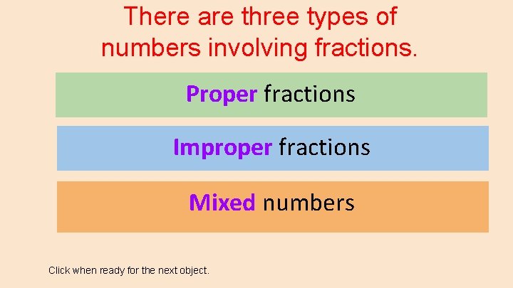 There are three types of numbers involving fractions. Proper fractions Improper fractions Mixed numbers