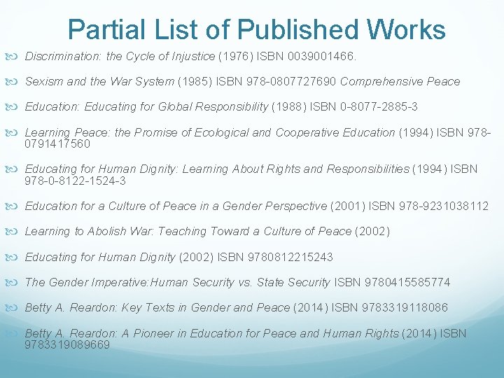 Partial List of Published Works Discrimination: the Cycle of Injustice (1976) ISBN 0039001466. Sexism
