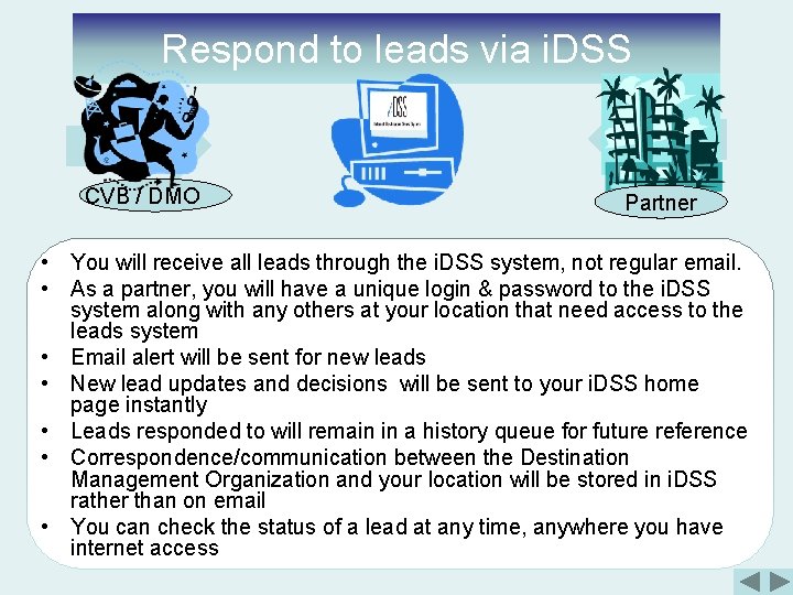 Respond to leads via i. DSS Leads CVB / DMO Responses Partner • You