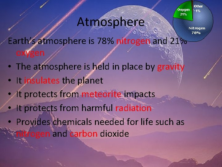 Atmosphere Earth’s atmosphere is 78% nitrogen and 21% oxygen • The atmosphere is held