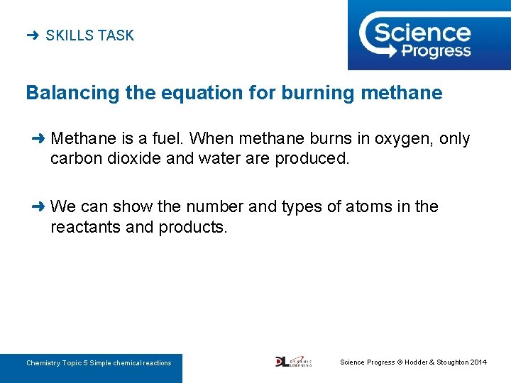 ➜ SKILLS TASK Balancing the equation for burning methane ➜ Methane is a fuel.