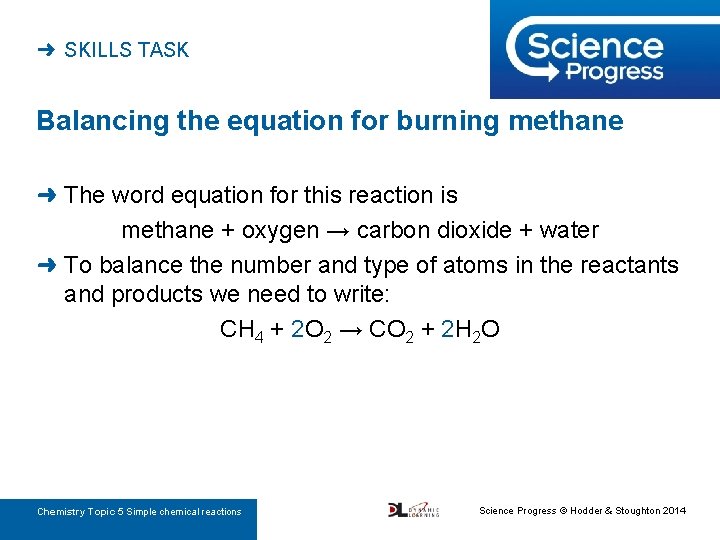 ➜ SKILLS TASK Balancing the equation for burning methane ➜ The word equation for