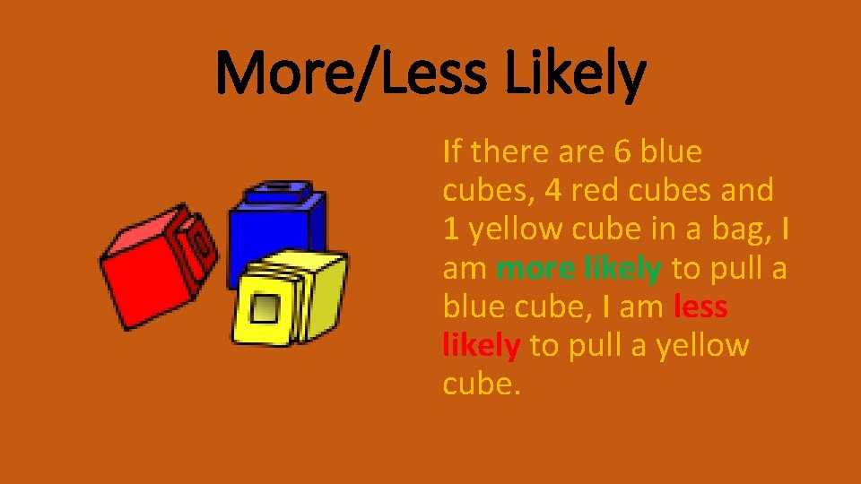 More/Less Likely If there are 6 blue cubes, 4 red cubes and 1 yellow