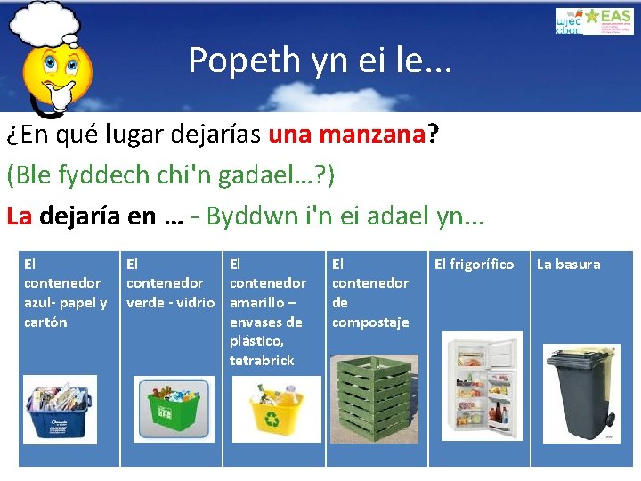 Popeth yn ei le. . . ¿En qué lugar dejarías una manzana? (Ble fyddech