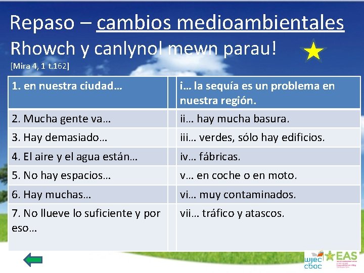 Repaso – cambios medioambientales Rhowch y canlynol mewn parau! [Mira 4, 1 t. 162]