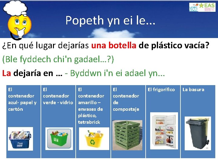 Popeth yn ei le. . . ¿En qué lugar dejarías una botella de plástico