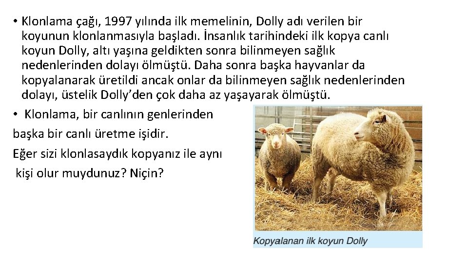  • Klonlama çağı, 1997 yılında ilk memelinin, Dolly adı verilen bir koyunun klonlanmasıyla