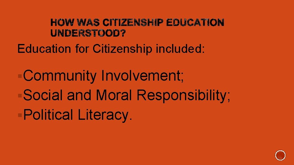 Education for Citizenship included: §Community Involvement; §Social and Moral Responsibility; §Political Literacy. 