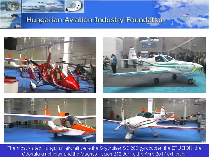 The most visited Hungarian aircraft were the Skycruiser SC 200 gyrocopter, the EFUSION, the