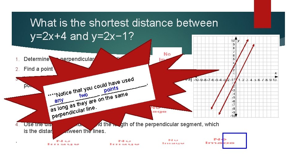 What is the shortest distance between y=2 x+4 and y=2 x− 1? 1. Determine