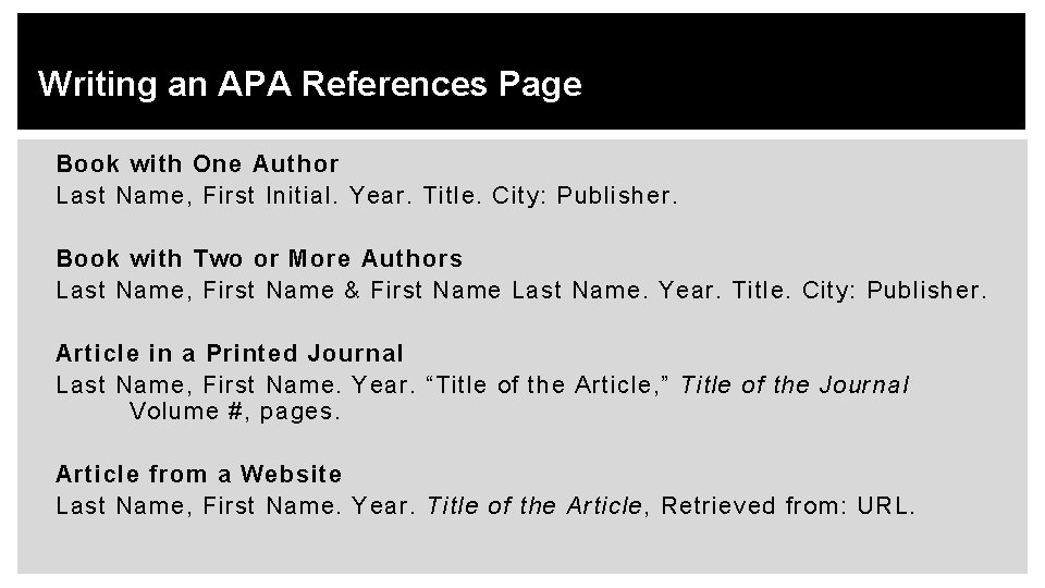 Writing an APA References Page Book with One Author Last Name, First Initial. Year.