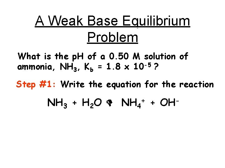 A Weak Base Equilibrium Problem What is the p. H of a 0. 50