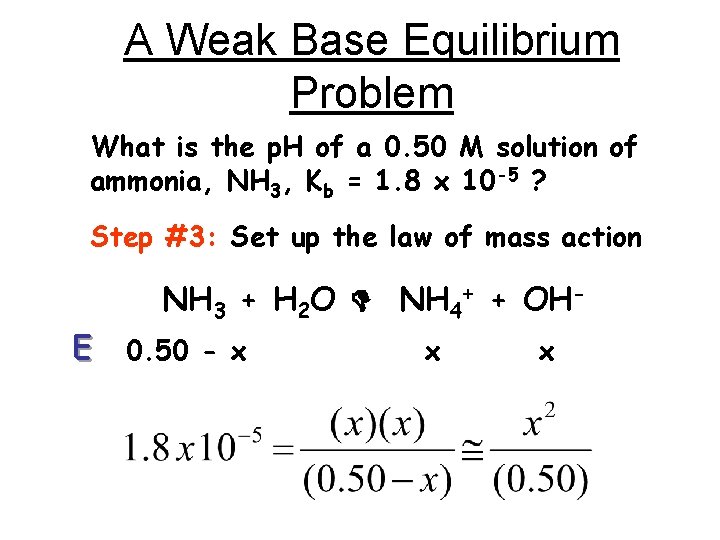 A Weak Base Equilibrium Problem What is the p. H of a 0. 50