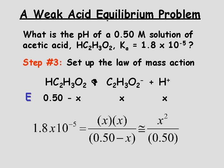 A Weak Acid Equilibrium Problem What is the p. H of a 0. 50