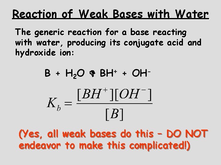 Reaction of Weak Bases with Water The generic reaction for a base reacting with