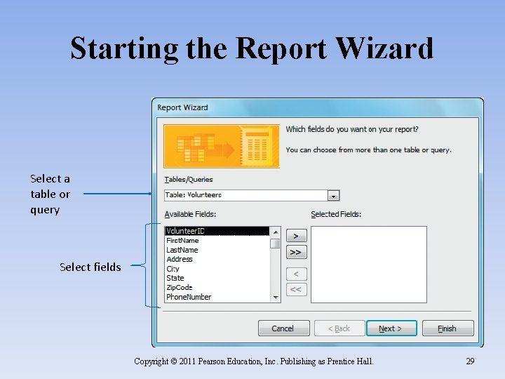 Starting the Report Wizard Select a table or query Select fields Copyright © 2011