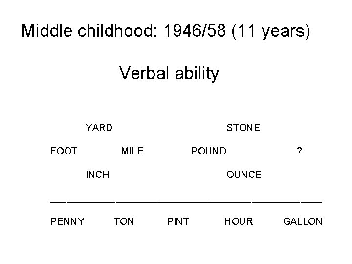 Middle childhood: 1946/58 (11 years) Verbal ability YARD FOOT STONE MILE POUND INCH ?