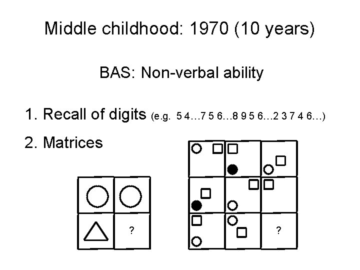 Middle childhood: 1970 (10 years) BAS: Non-verbal ability 1. Recall of digits (e. g.