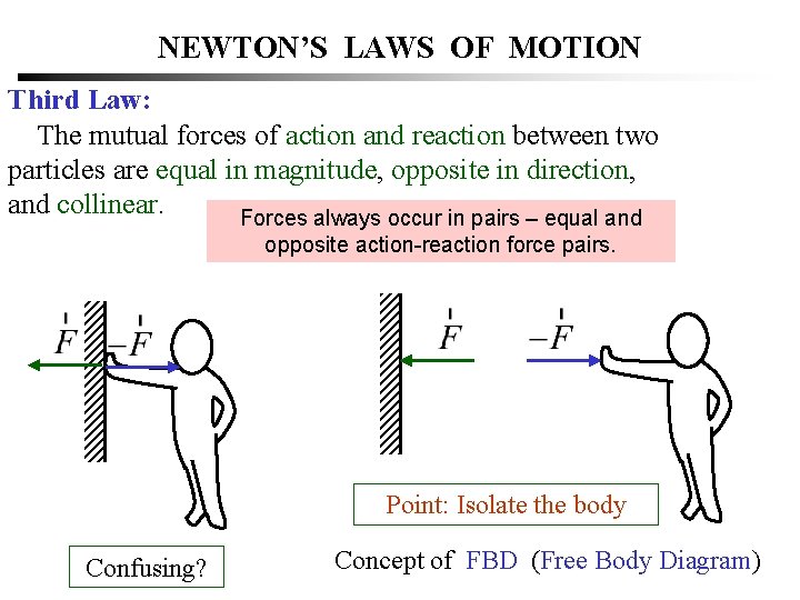 NEWTON’S LAWS OF MOTION Third Law: The mutual forces of action and reaction between