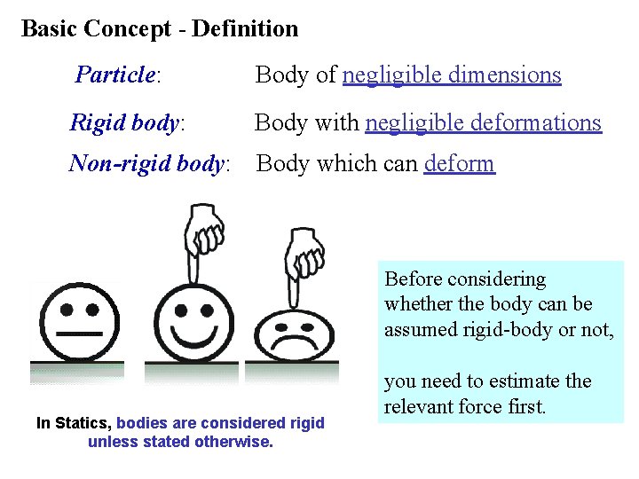 Basic Concept - Definition Particle: Body of negligible dimensions Rigid body: Body with negligible
