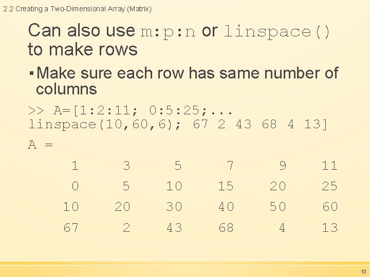 2. 2 Creating a Two-Dimensional Array (Matrix) Can also use m: p: n or
