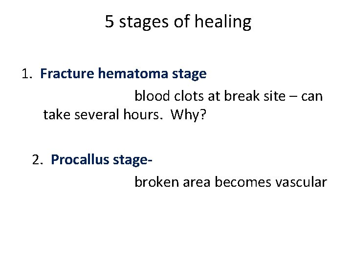 5 stages of healing 1. Fracture hematoma stage blood clots at break site –