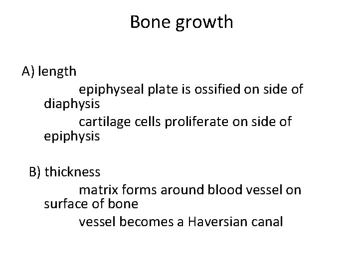 Bone growth A) length epiphyseal plate is ossified on side of diaphysis cartilage cells
