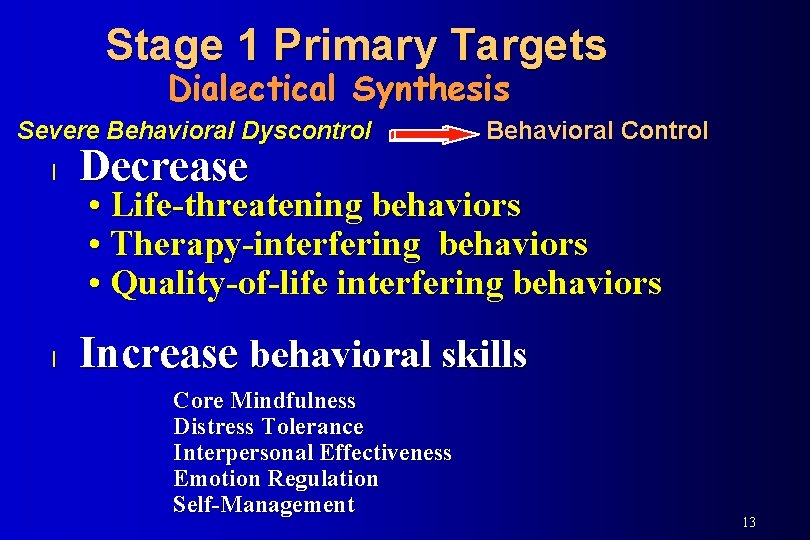 Stage 1 Primary Targets Dialectical Synthesis Severe Behavioral Dyscontrol Behavioral Control l Decrease l