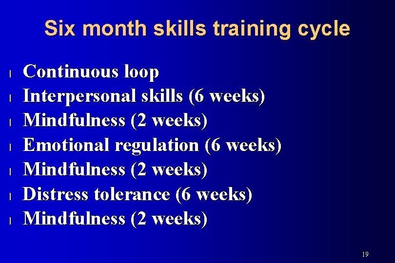 Six month skills training cycle l l l l Continuous loop Interpersonal skills (6