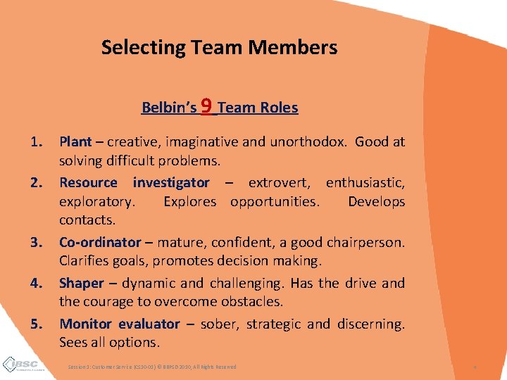 Selecting Team Members Belbin’s 9 Team Roles 1. 2. 3. 4. 5. Plant –