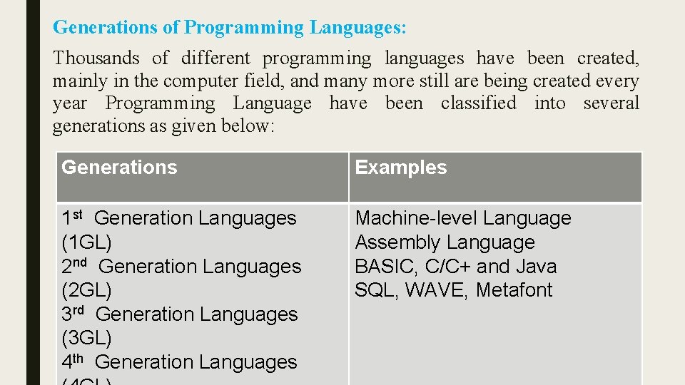 Generations of Programming Languages: Thousands of different programming languages have been created, mainly in Generations of Programming Languages: Thousands of different programming languages have been created, mainly in