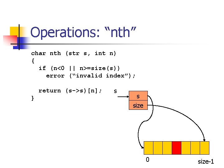 Operations: “nth” char nth (str s, int n) { if (n<0 || n>=size(s)) error