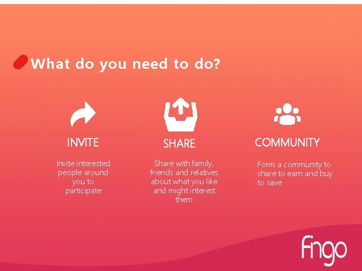 What do you need to do? INVITE Invite interested people around you to participate