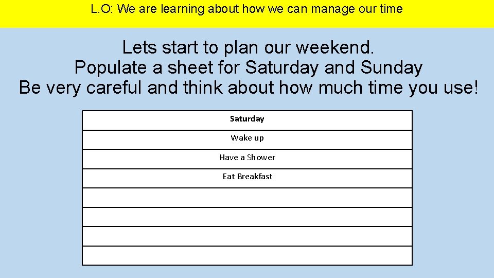L. O: We are learning about how we can manage our time Lets start