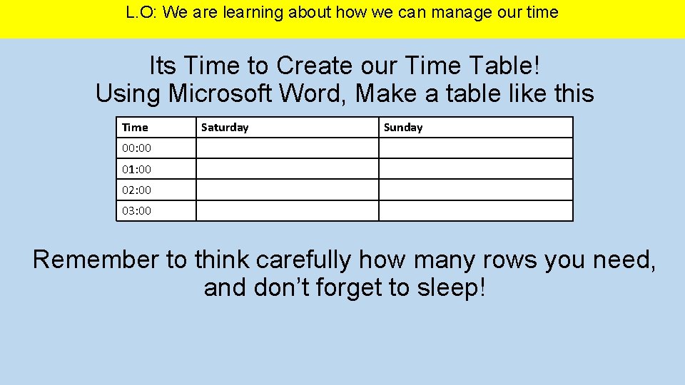 L. O: We are learning about how we can manage our time Its Time