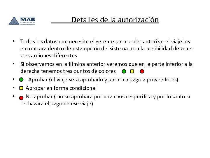 Detalles de la autorización • Todos los datos que necesite el gerente para poder