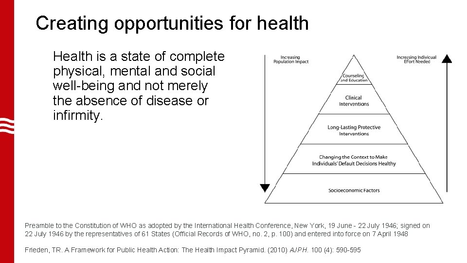Creating opportunities for health Health is a state of complete physical, mental and social