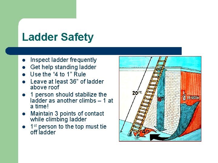 Ladder Safety l l l l Inspect ladder frequently Get help standing ladder Use